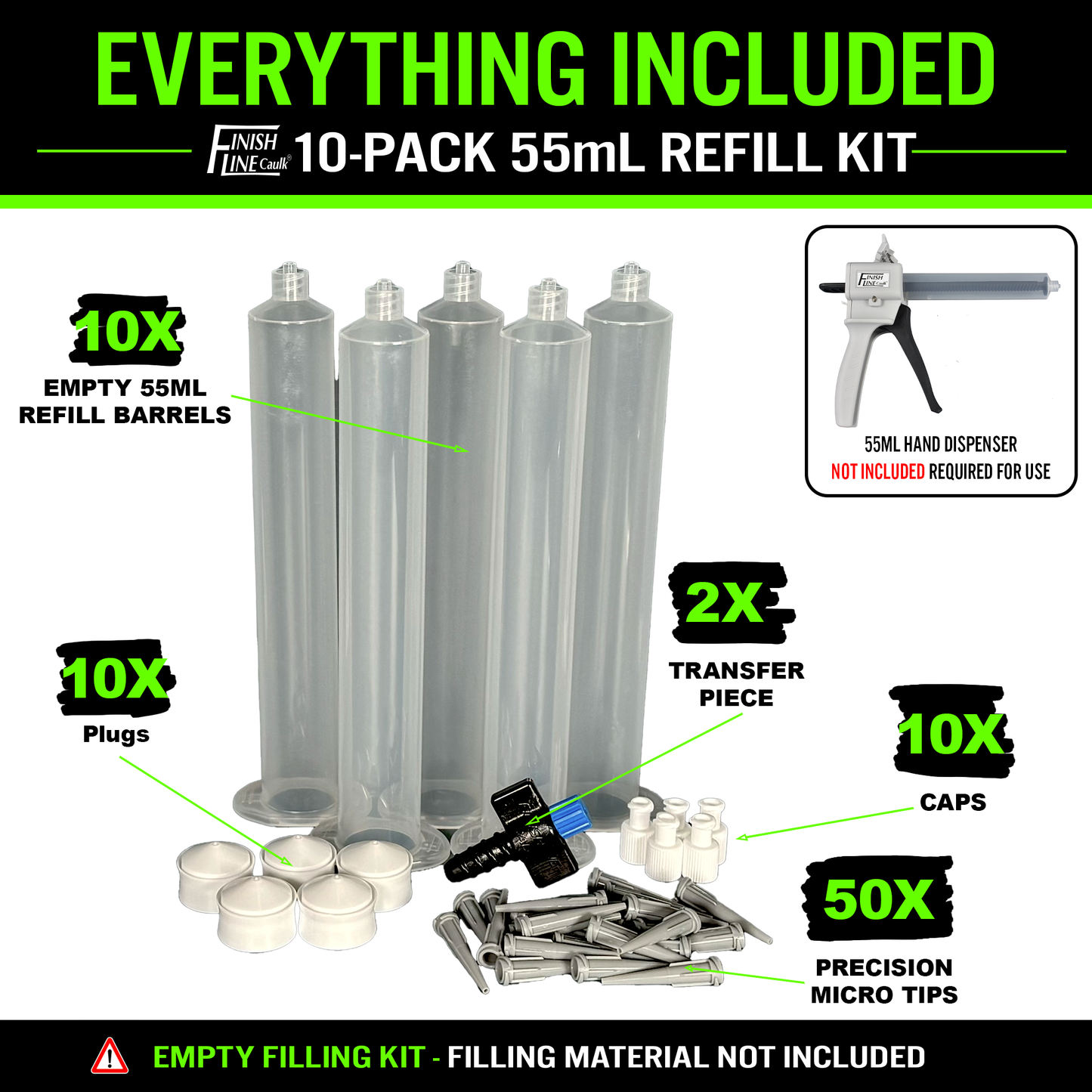 55ML Precision Refill Kit – 10 Barrel Set with Tips & Transfer Piece – For Finish Line Caulk Dispenser