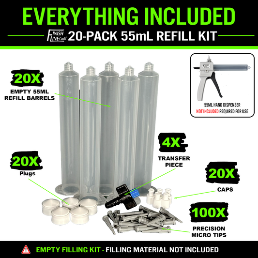 55ML Precision Refill Kit – 20 Barrel Set with Tips & Transfer Piece – For Finish Line Caulk Dispenser