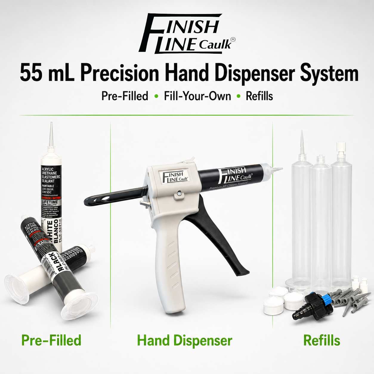 Finish Line Caulk 55 mL precision hand dispenser system showing pre-filled tubes, fill-your-own dispenser kit, and refill components