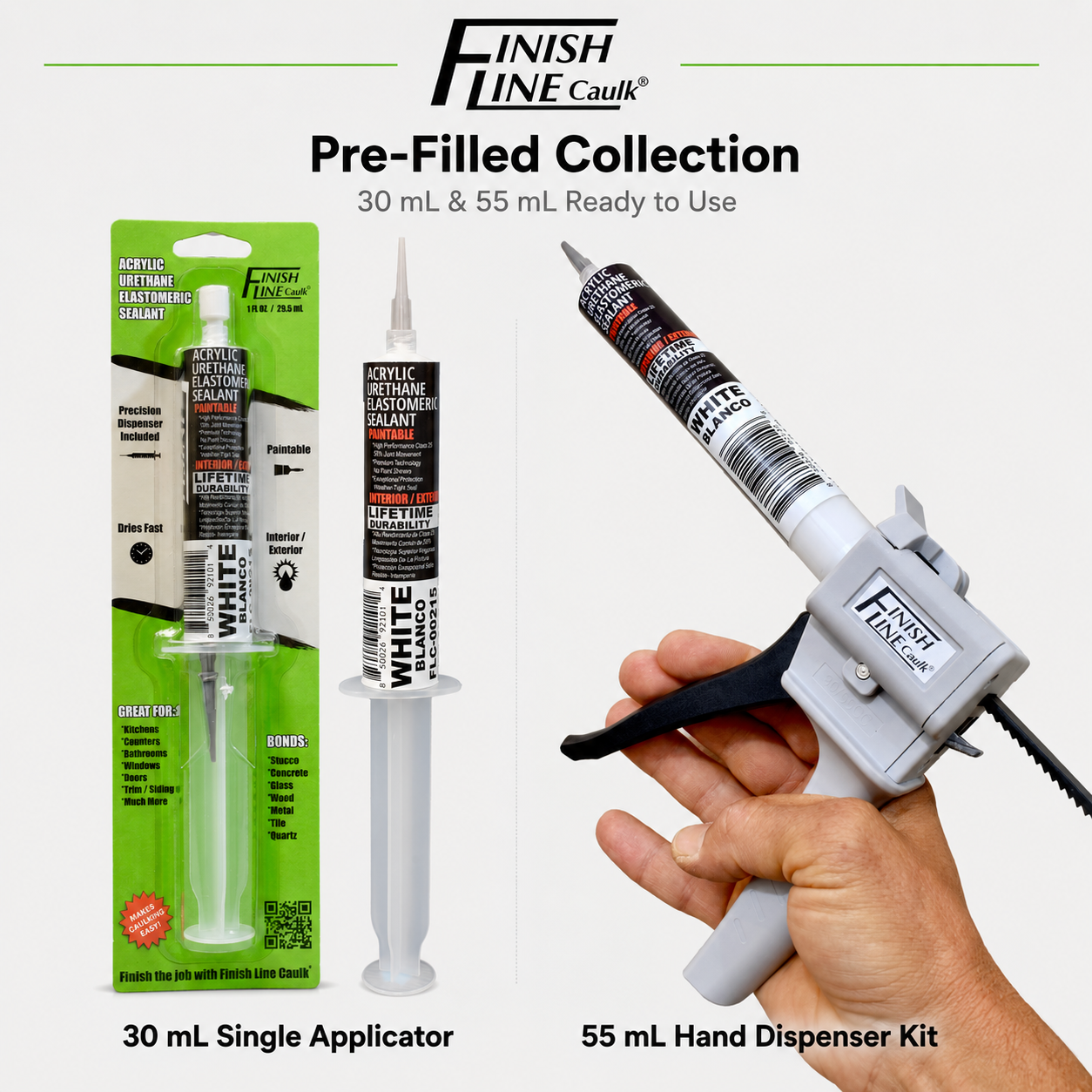 Finish Line Caulk pre-filled 30 mL precision applicator and 55 mL hand dispenser kit, ready to use