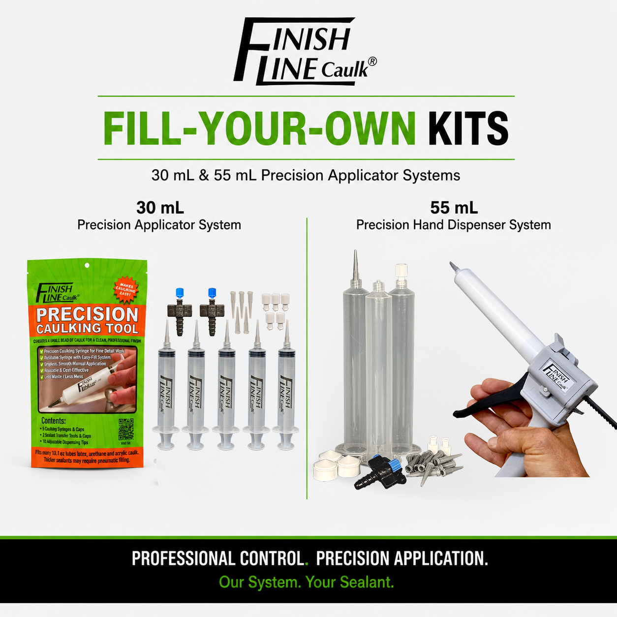 Finish Line Caulk 30 mL and 55 mL fill-your-own precision applicator kits with hand dispenser, refillable barrels, tips, caps and transfer pieces