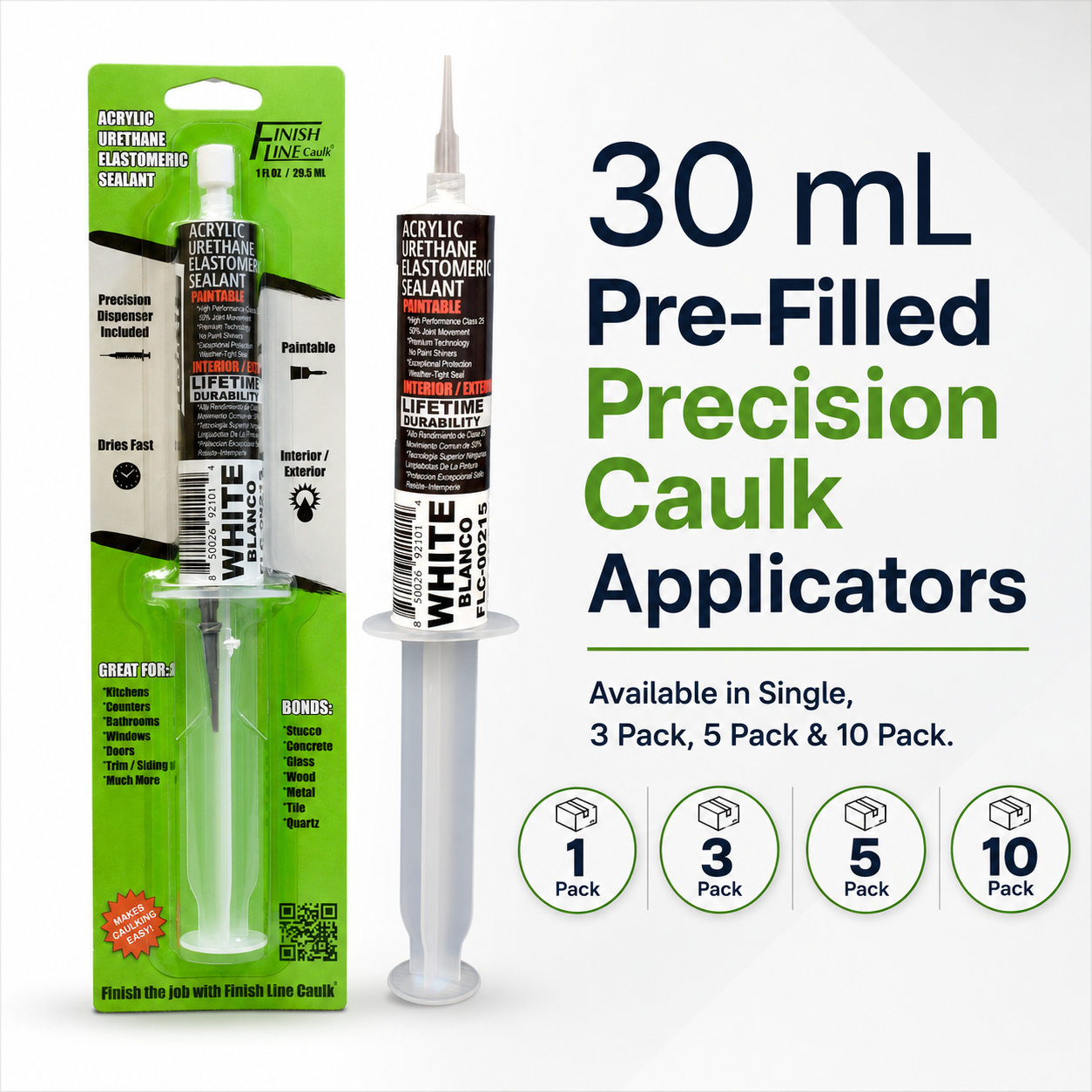 Finish Line Caulk 30 mL pre-filled precision caulk applicator shown packaged and unpackaged, available in 1-, 3-, 5-, and 10-pack options