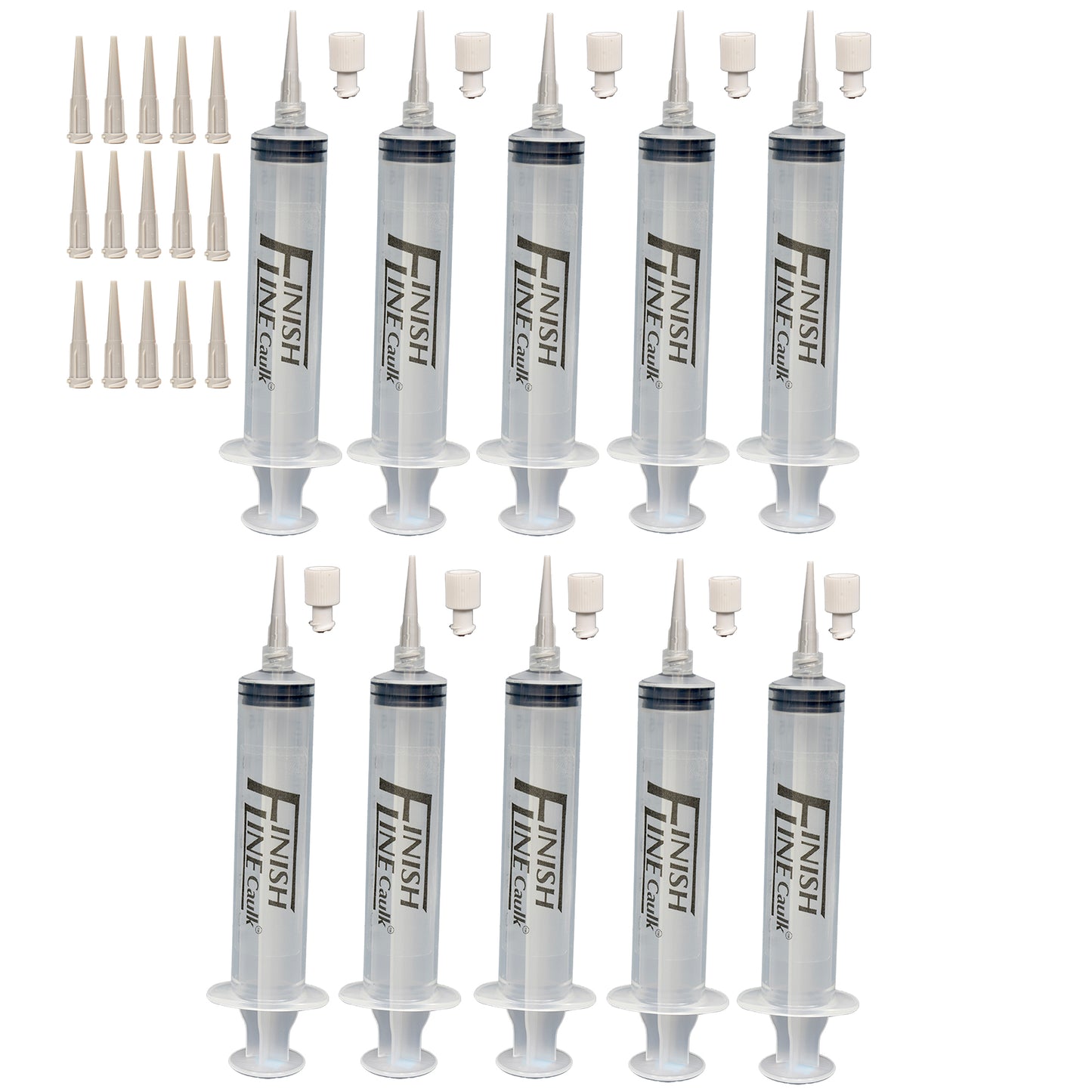 Finish Line Caulk 30 mL Caulking Syringes with Easy Grip Caps and 25 Plastic Dispensing Tips – 10 Pack