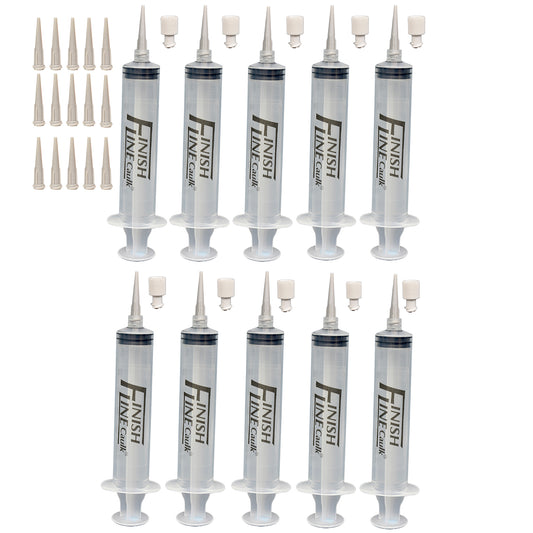 Finish Line Caulk 30 mL Caulking Syringes with Easy Grip Caps and 25 Plastic Dispensing Tips – 10 Pack