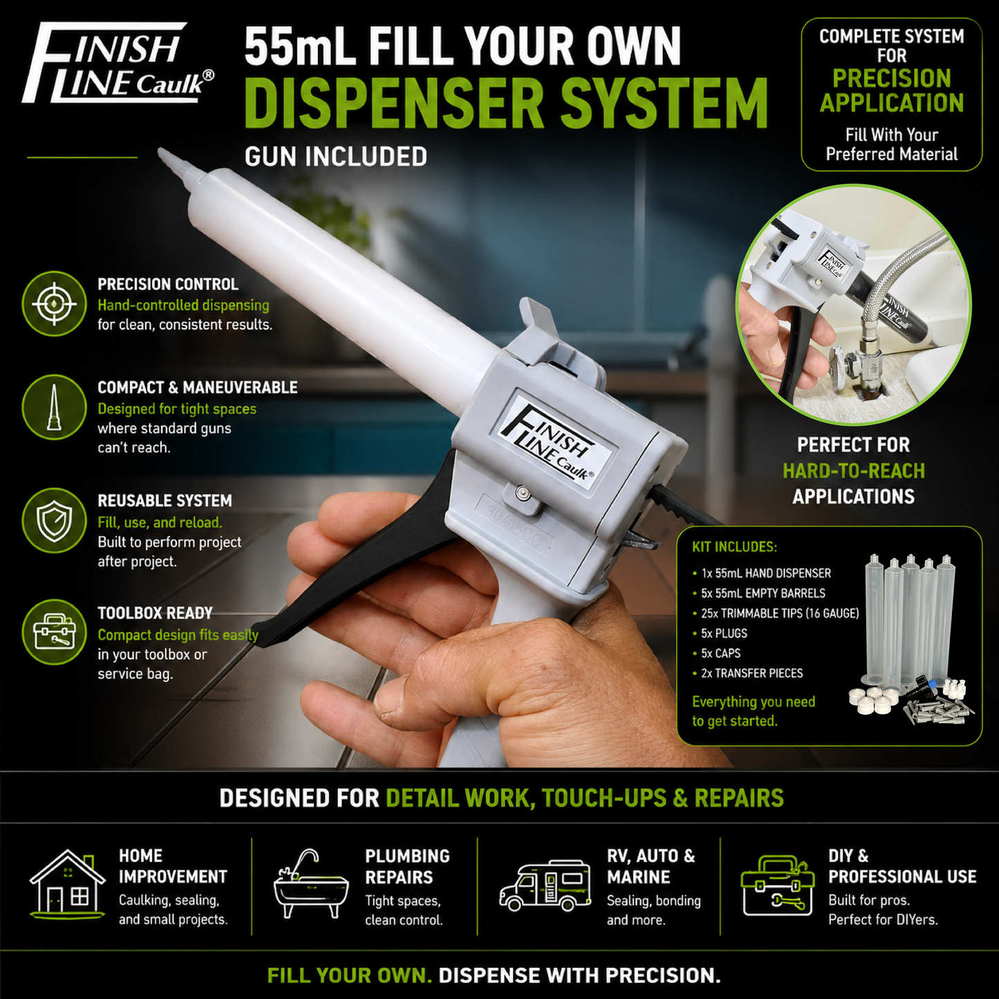 Finish Line Caulk® 55 mL Fill-Your-Own Precision Hand Dispenser Kit