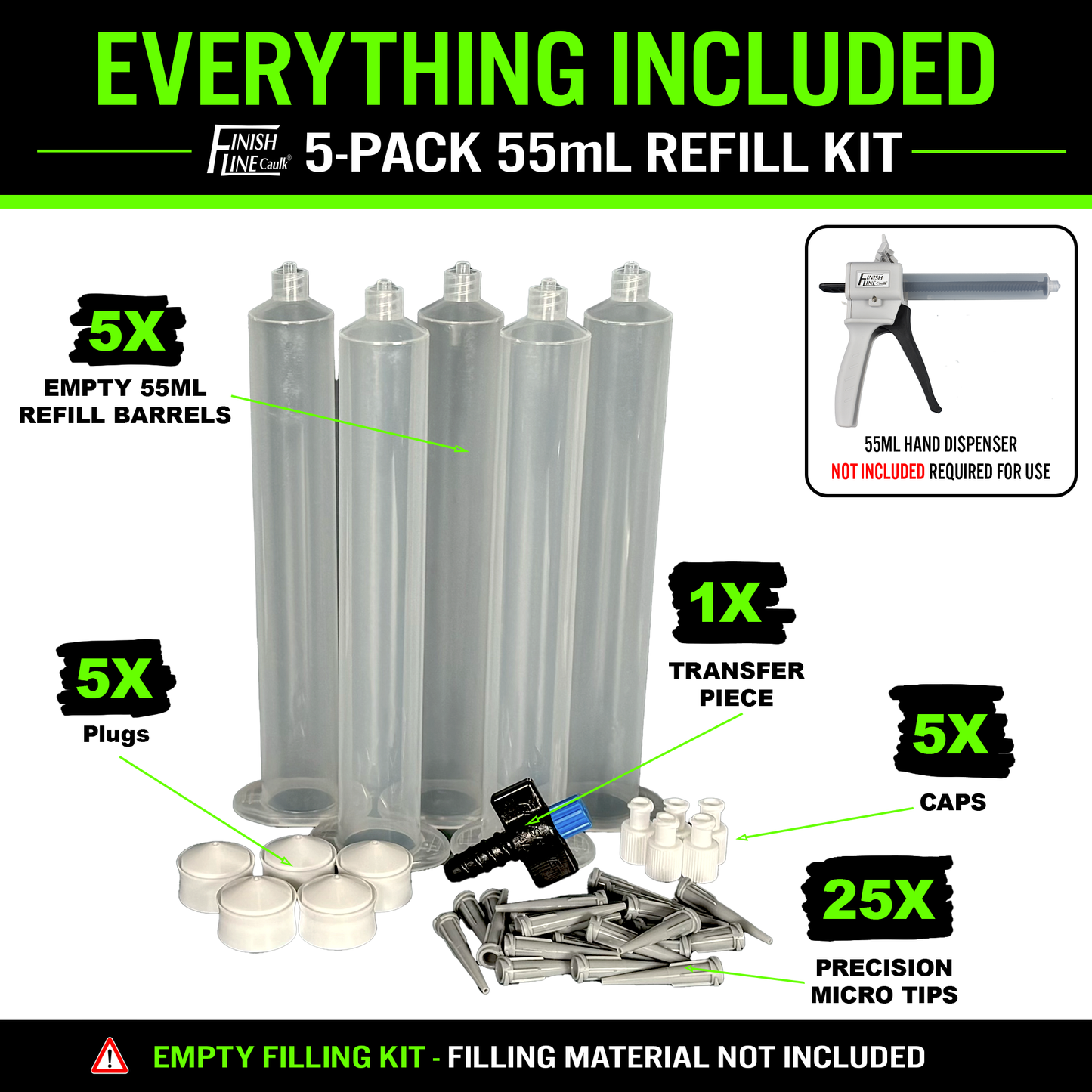 55ML Precision Refill Kit – 5 Barrel Set with Tips & Transfer Piece – For Finish Line Caulk 55 ML Dispenser