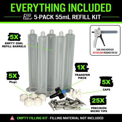 55ML Precision Refill Kit – 5 Barrel Set with Tips & Transfer Piece – For Finish Line Caulk 55 ML Dispenser