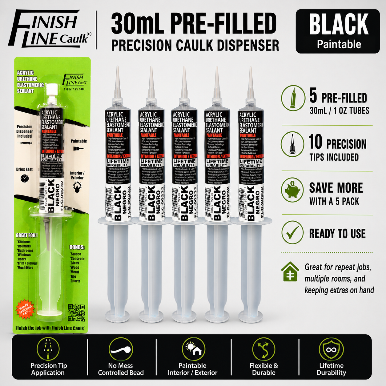 Finish Line Caulk® 30 mL Pre-Filled Precision Caulking Applicators – 5 Pack