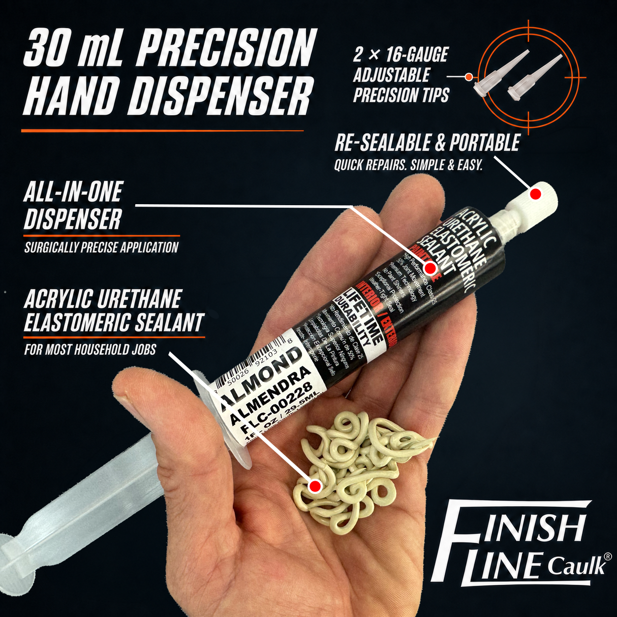 Finish Line Caulk® 30 mL Pre-Filled Precision Caulking Applicator – Single Tube