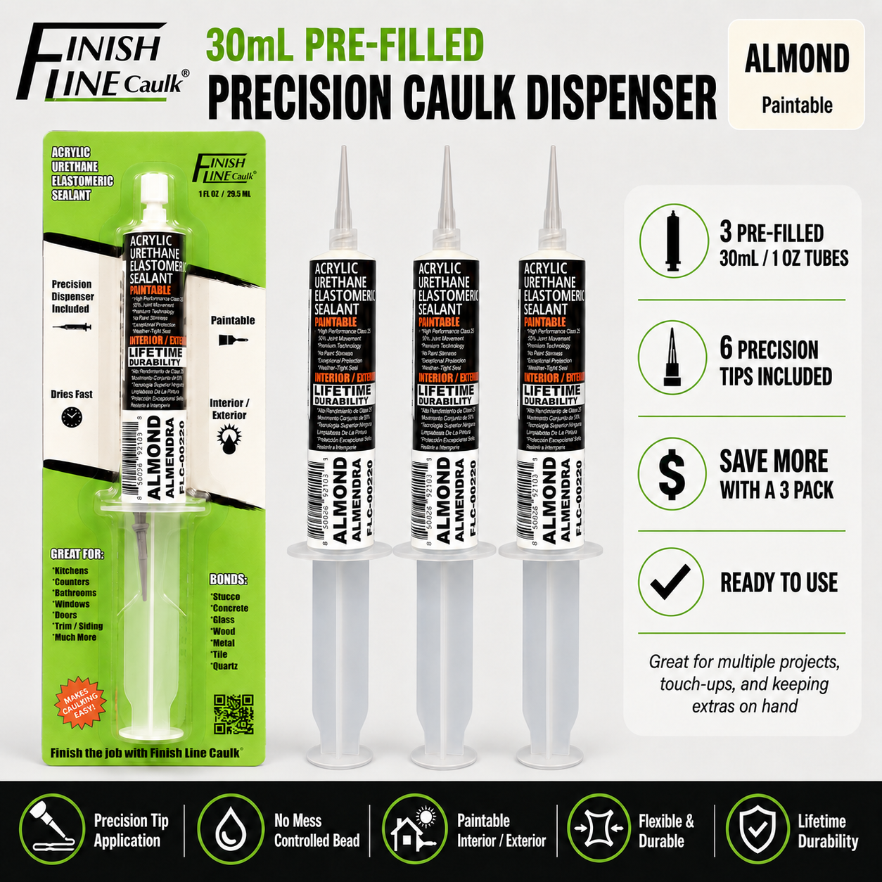 Finish Line Caulk® 30 mL Pre-Filled Precision Caulking Applicators – 3 Pack