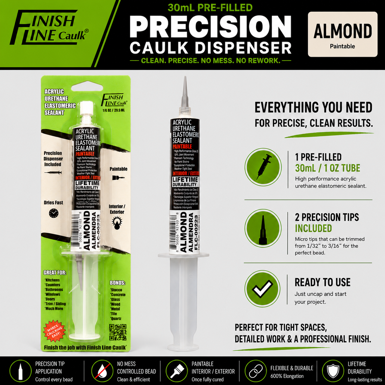 Finish Line Caulk® 30 mL Pre-Filled Precision Caulking Applicator – Single Tube