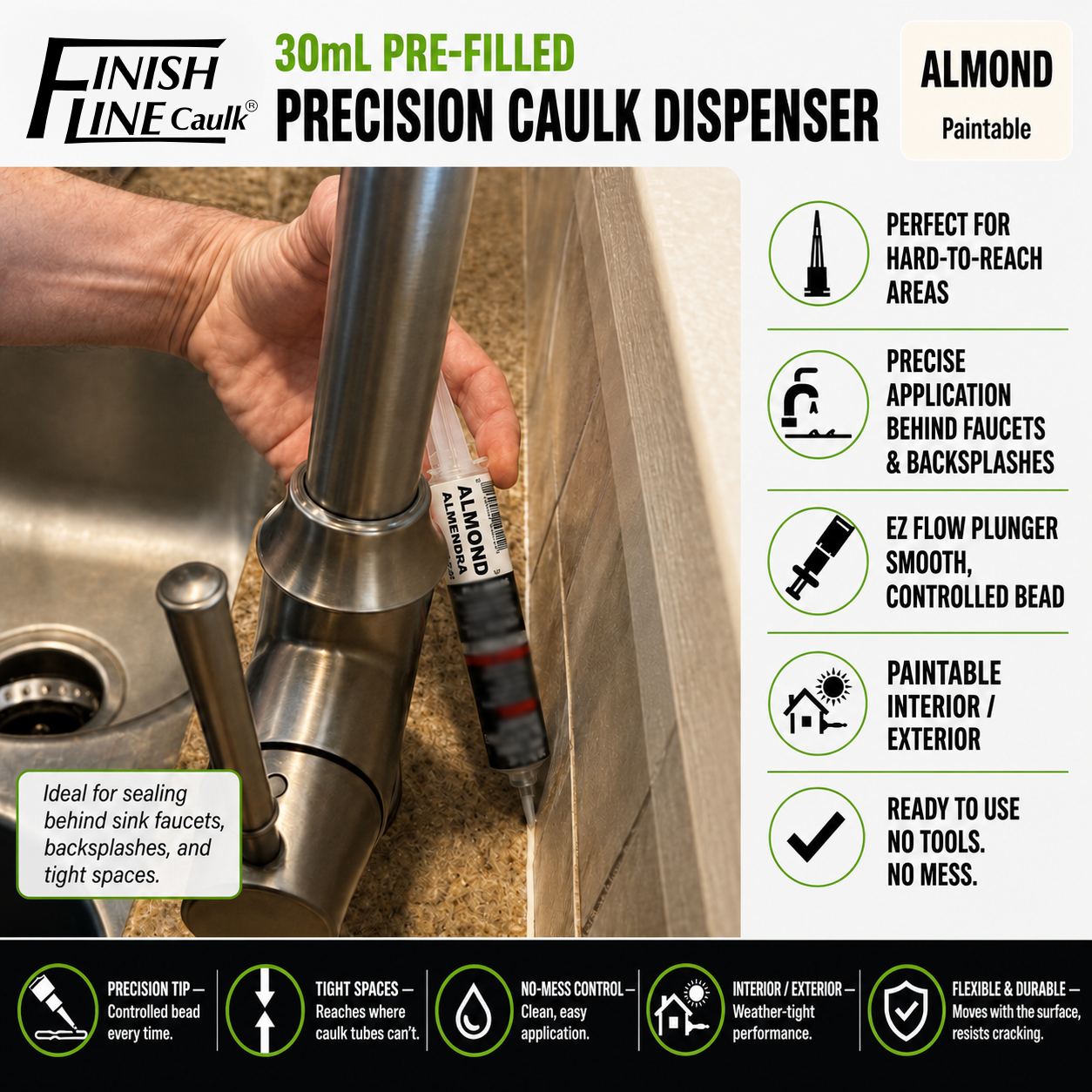 Finish Line Caulk® 30 mL Pre-Filled Precision Caulking Applicator – Single Tube