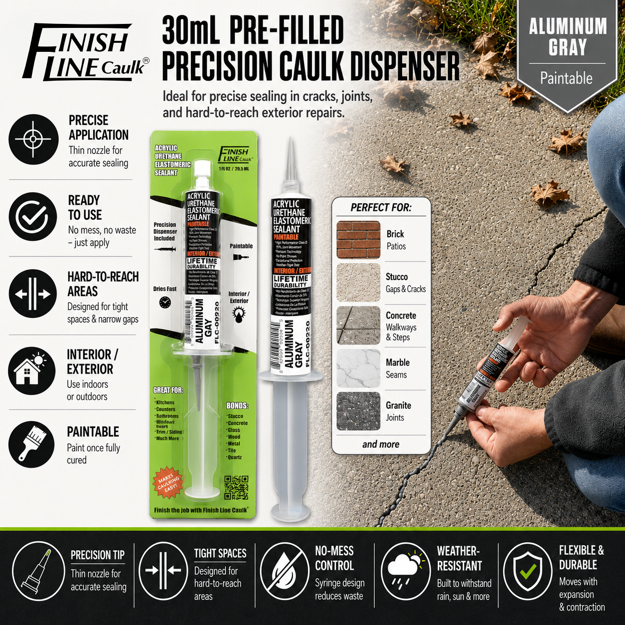 Finish Line Caulk® 30 mL Pre-Filled Precision Caulking Applicator – Single Tube