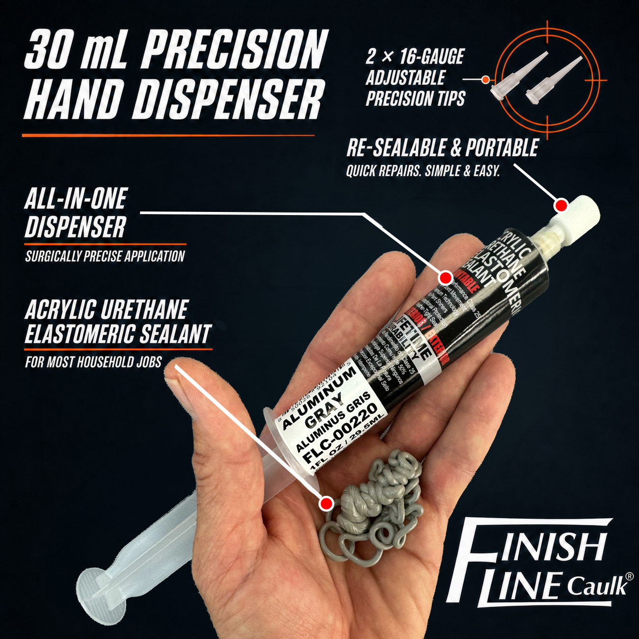 Finish Line Caulk® 30 mL Pre-Filled Precision Caulking Applicator – Single Tube