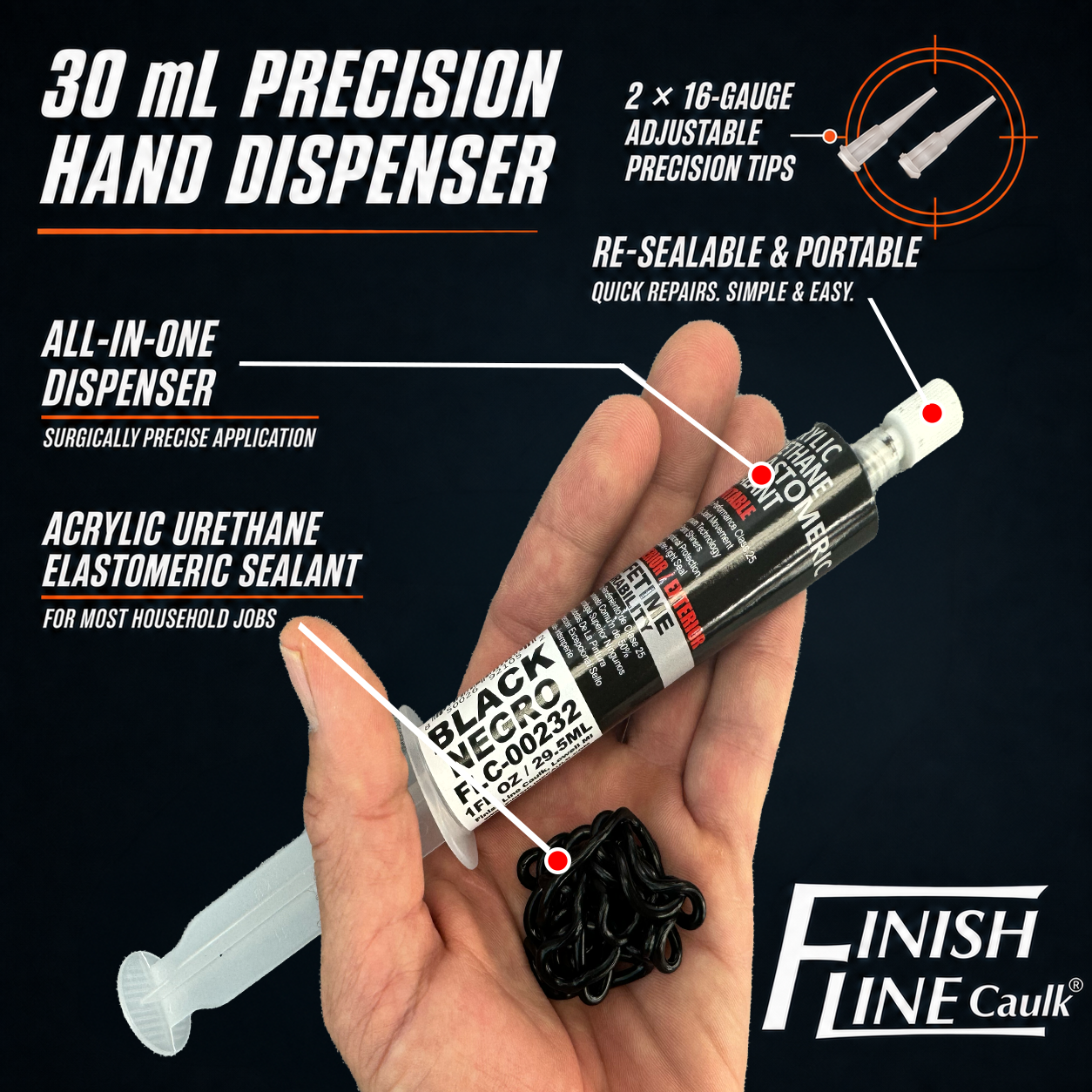 Finish Line Caulk® 30 mL Pre-Filled Precision Caulking Applicator – Single Tube