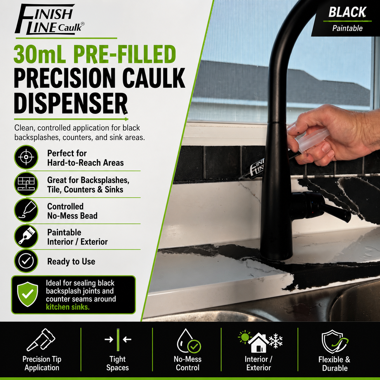 Finish Line Caulk® 30 mL Pre-Filled Precision Caulking Applicator – Single Tube