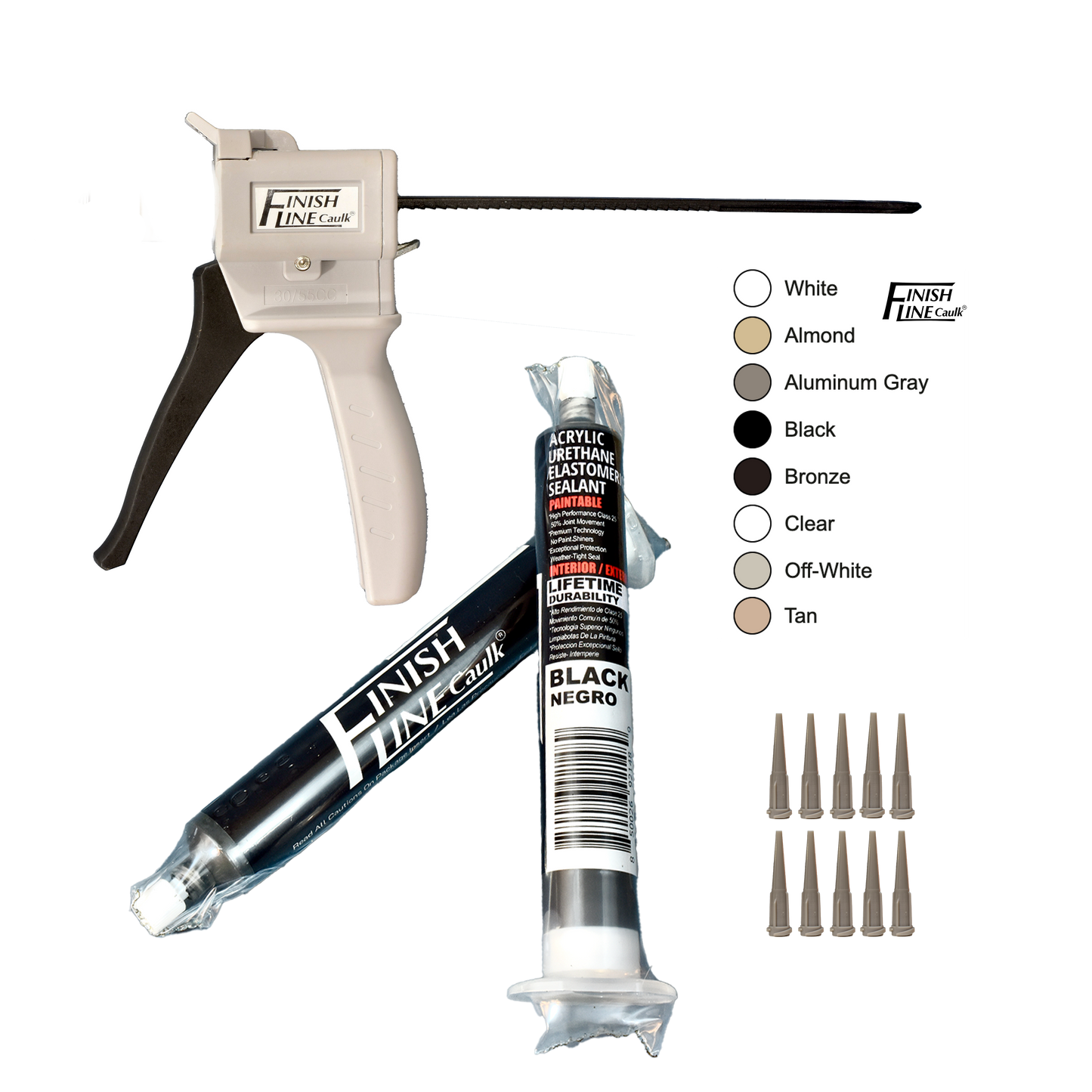 Finish Line Caulk – Precision Hand Dispenser Kit with Acrylic Urethane Sealant (55 mL Tubes)