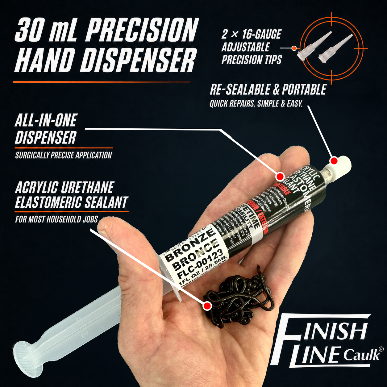 Finish Line Caulk® 30 mL Pre-Filled Precision Caulking Applicator – Single Tube