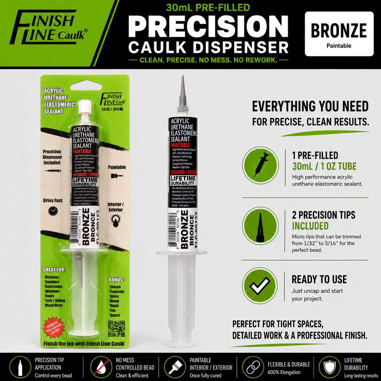 Finish Line Caulk® 30 mL Pre-Filled Precision Caulking Applicator – Single Tube