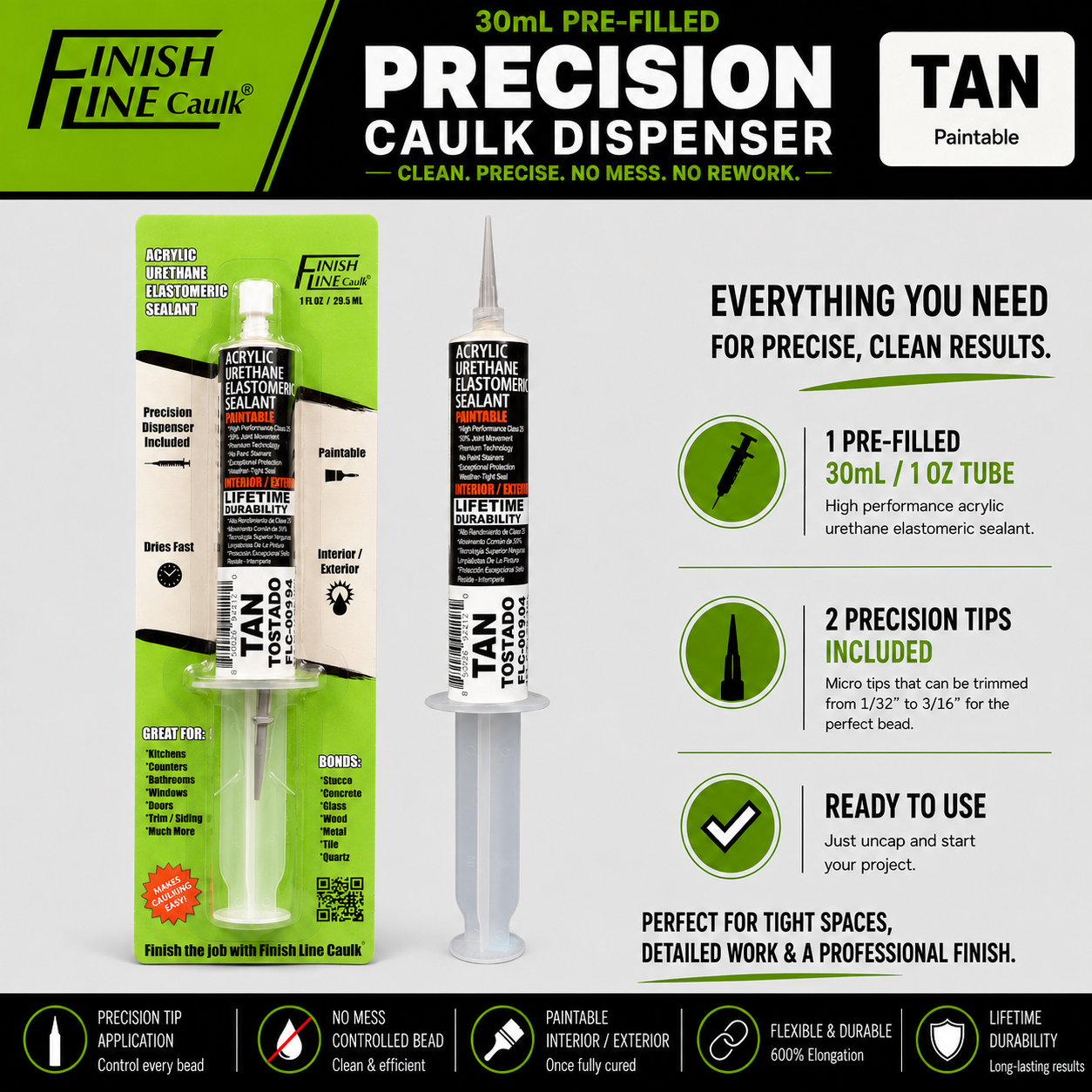 Finish Line Caulk® 30 mL Pre-Filled Precision Caulking Applicator – Single Tube