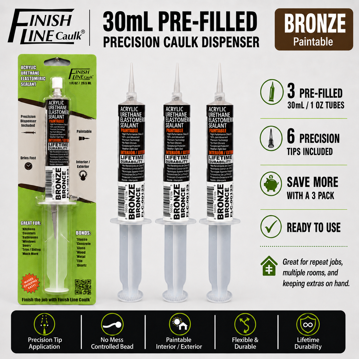 Finish Line Caulk® 30 mL Pre-Filled Precision Caulking Applicators – 3 Pack