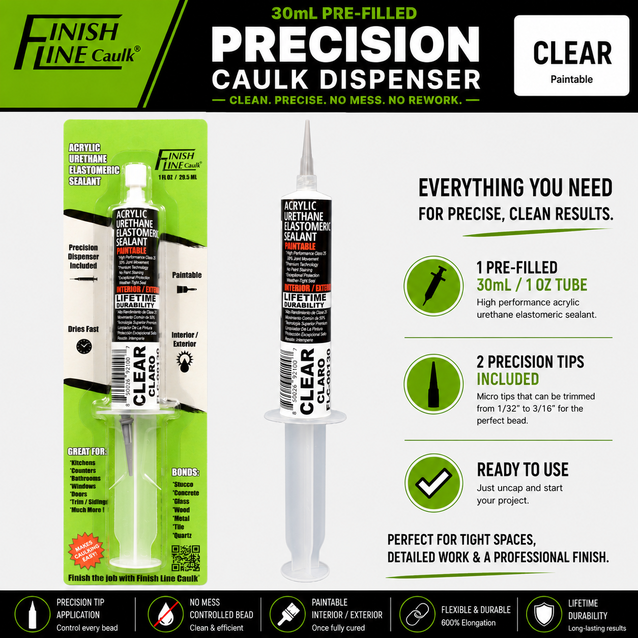 Finish Line Caulk® 30 mL Pre-Filled Precision Caulking Applicator – Single Tube