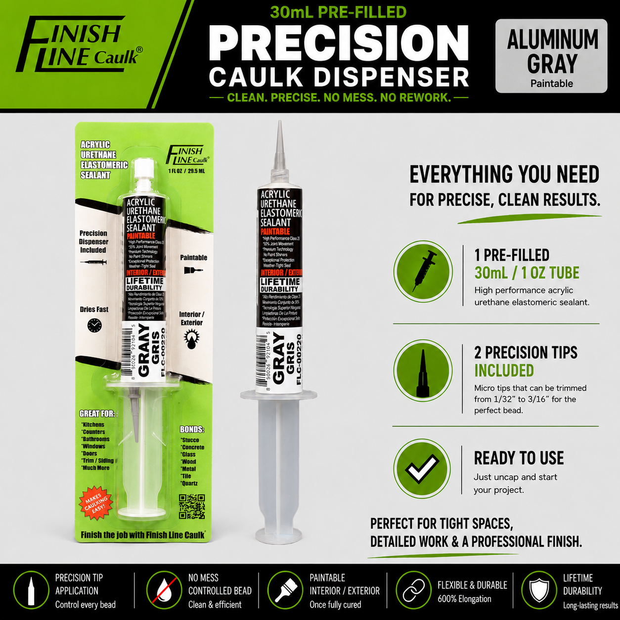 Finish Line Caulk® 30 mL Pre-Filled Precision Caulking Applicator – Single Tube