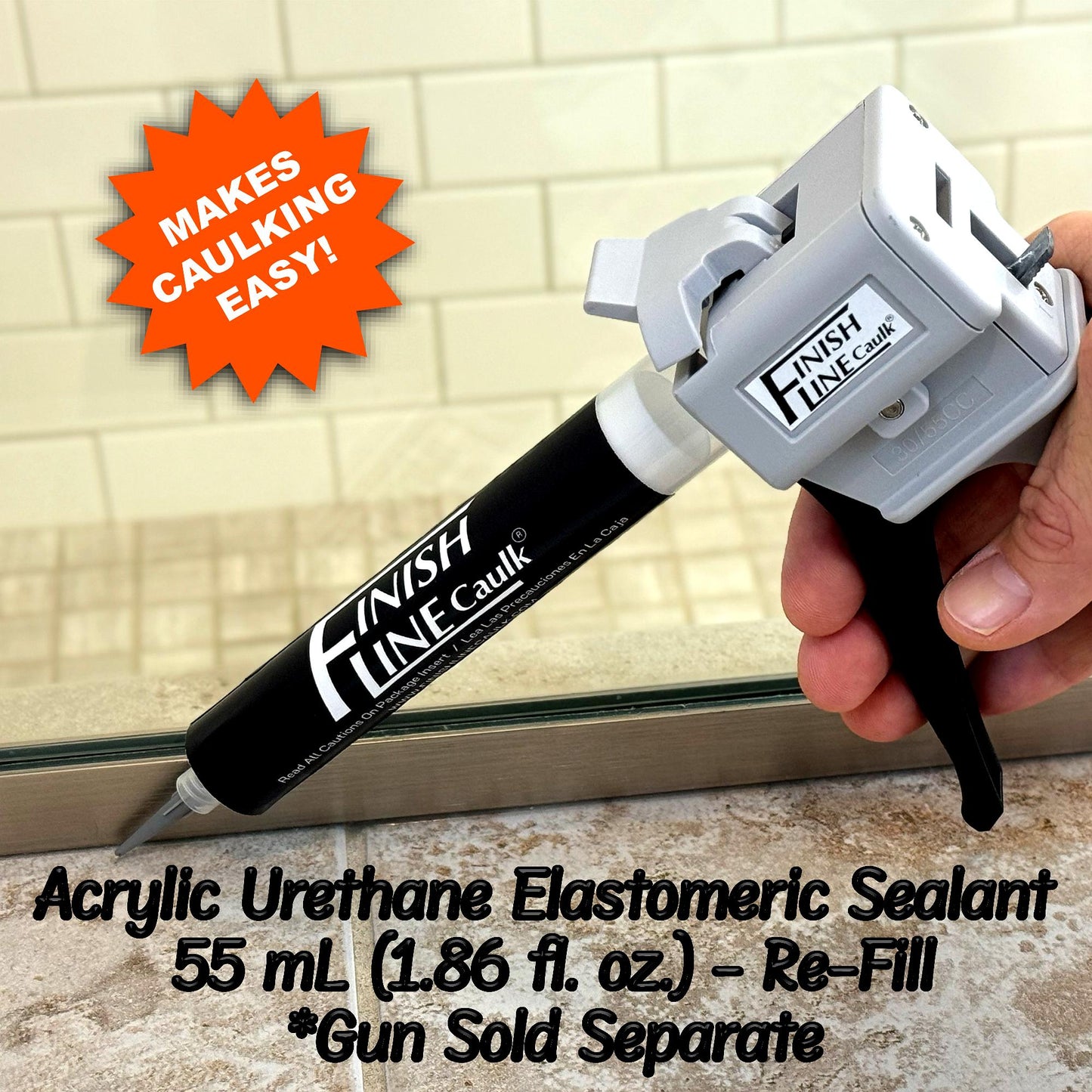Finish Line Caulk – Precision Hand Dispenser Kit with Acrylic Urethane Sealant (55 mL Tubes)