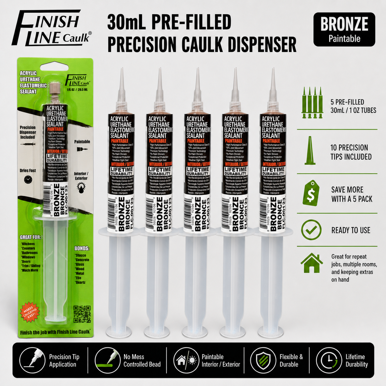 Finish Line Caulk® 30 mL Pre-Filled Precision Caulking Applicators – 5 Pack