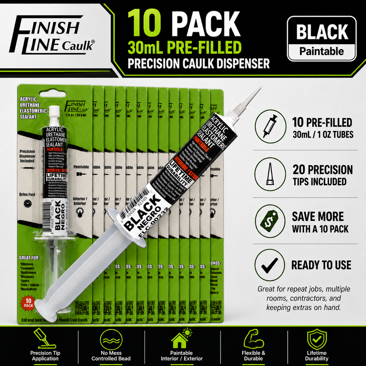 Finish Line Caulk® 30 mL Pre-Filled Precision Caulking Applicators – 10 Pack