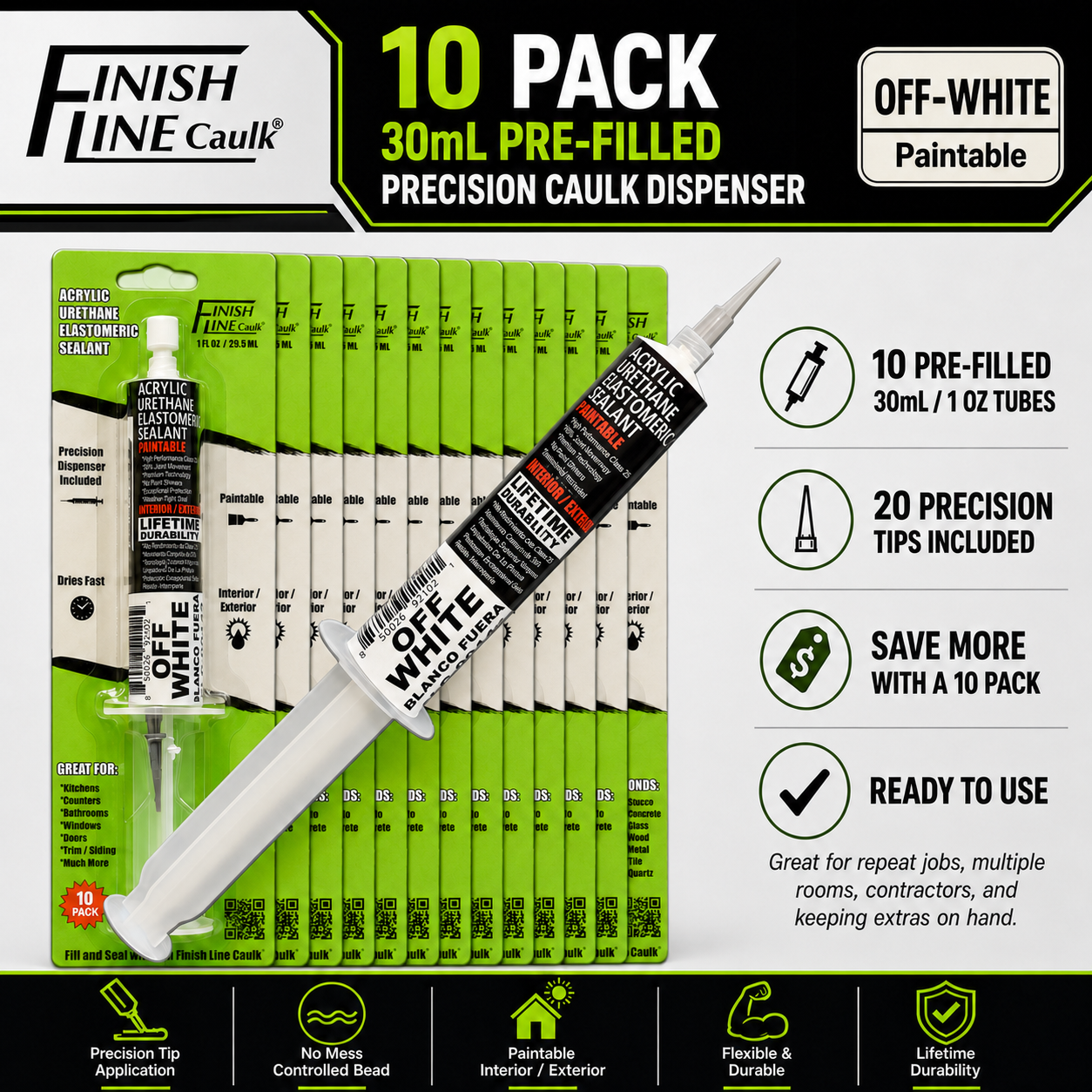 Finish Line Caulk® 30 mL Pre-Filled Precision Caulking Applicators – 10 Pack
