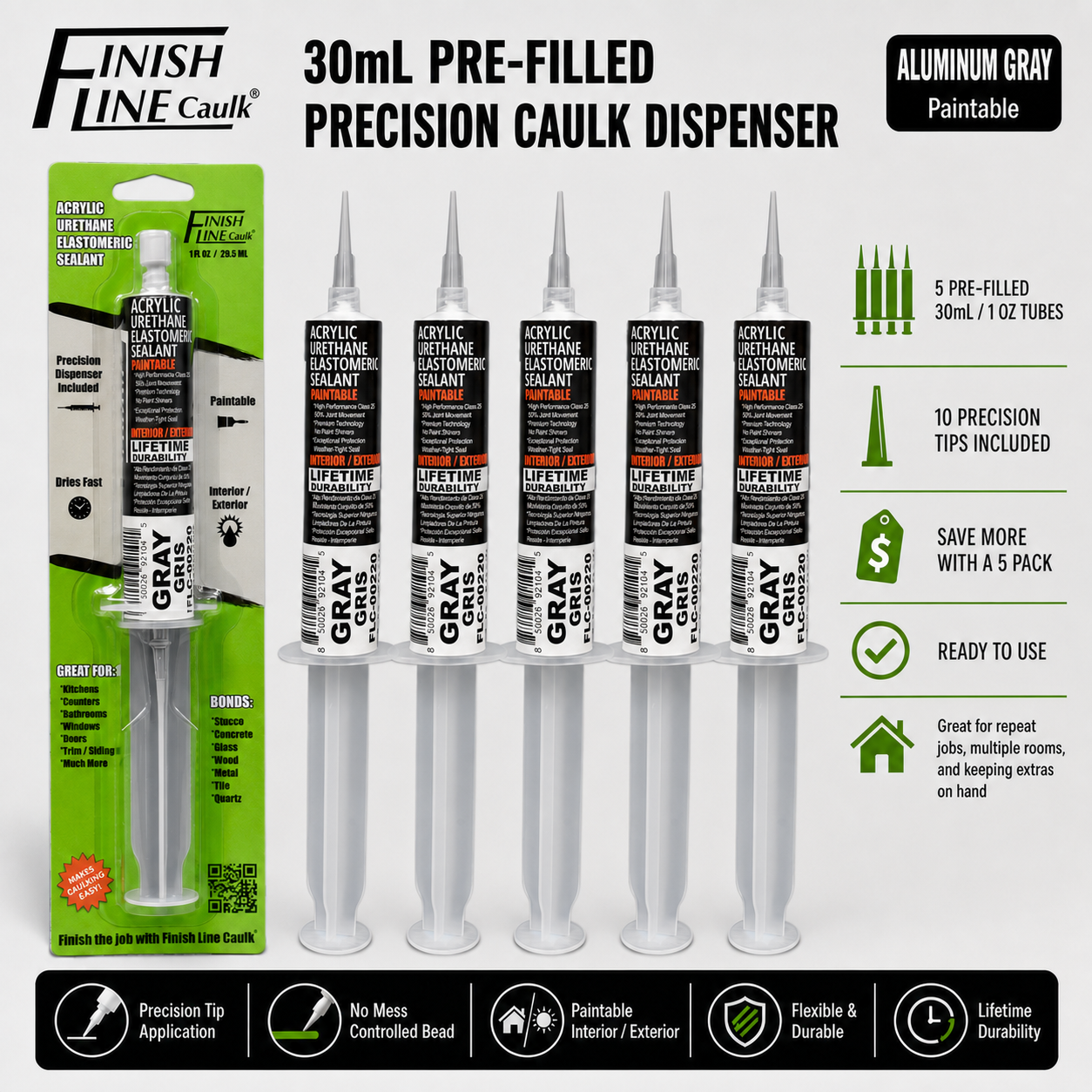 Finish Line Caulk® 30 mL Pre-Filled Precision Caulking Applicators – 5 Pack