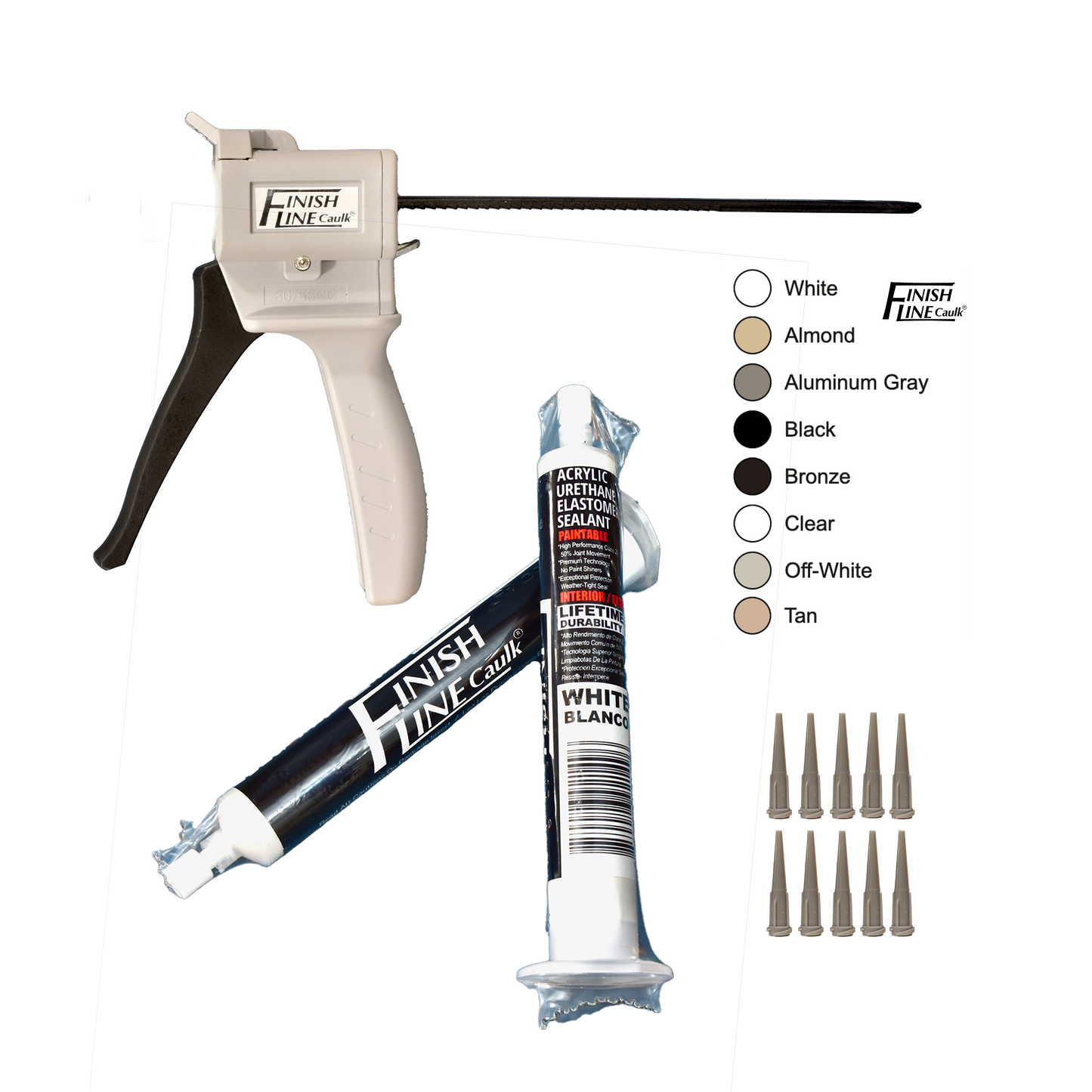 Finish Line Caulk – Precision Hand Dispenser Kit with Acrylic Urethane Sealant (55 mL Tubes)