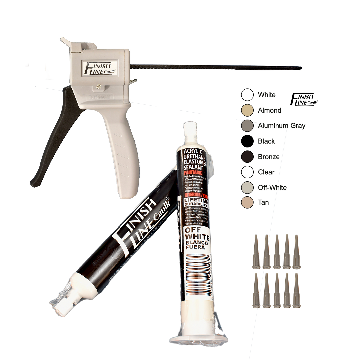 Finish Line Caulk – Precision Hand Dispenser Kit with Acrylic Urethane Sealant (55 mL Tubes)