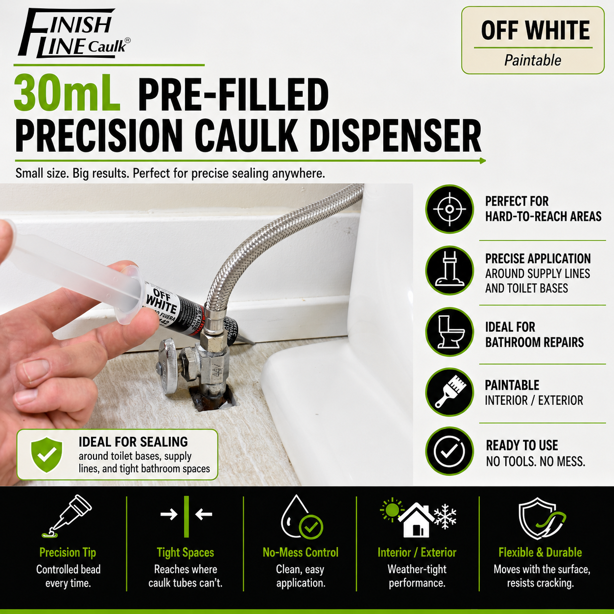 Finish Line Caulk® 30 mL Pre-Filled Precision Caulking Applicator – Single Tube