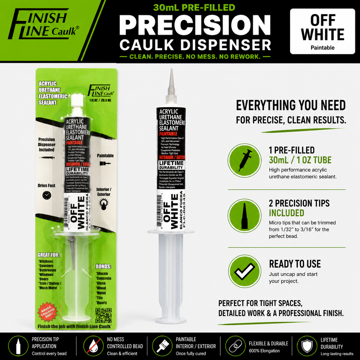 Finish Line Caulk® 30 mL Pre-Filled Precision Caulking Applicator – Single Tube