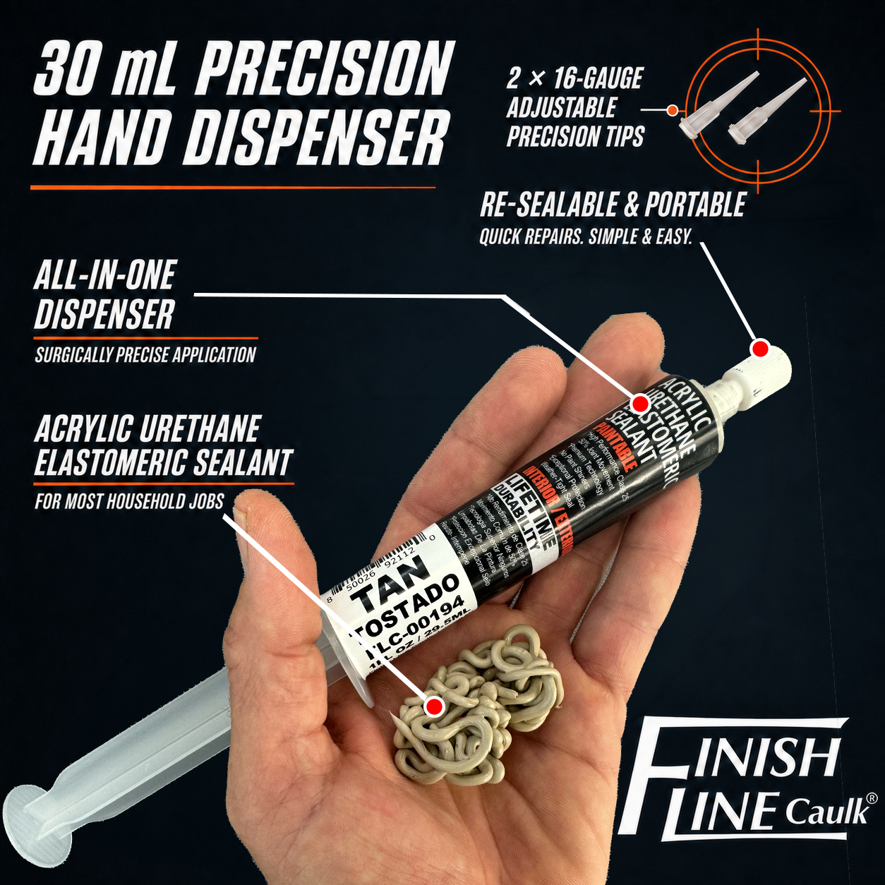 Finish Line Caulk® 30 mL Pre-Filled Precision Caulking Applicator – Single Tube