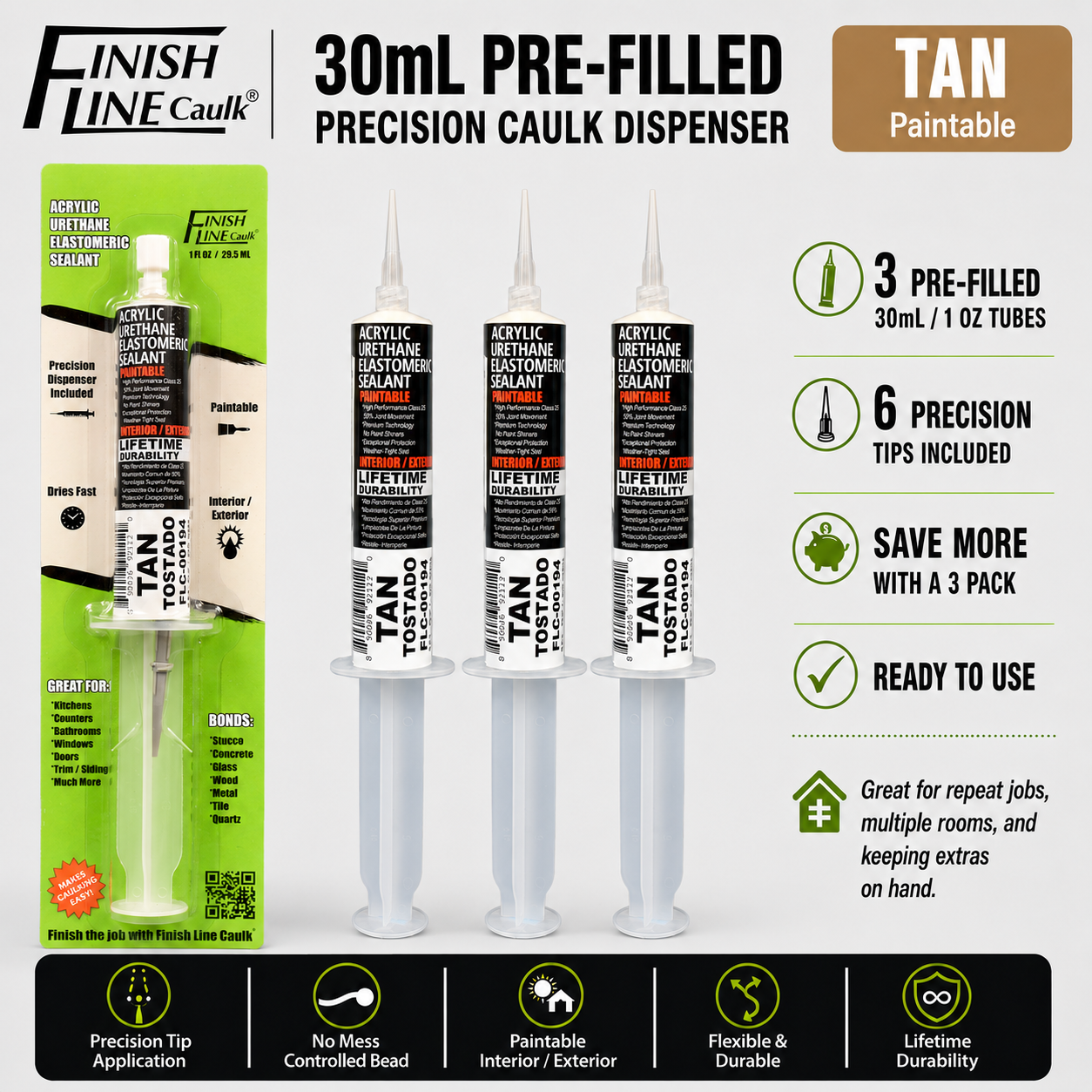 Finish Line Caulk® 30 mL Pre-Filled Precision Caulking Applicators – 3 Pack