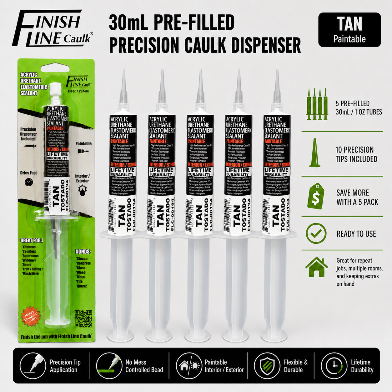 Finish Line Caulk® 30 mL Pre-Filled Precision Caulking Applicators – 5 Pack