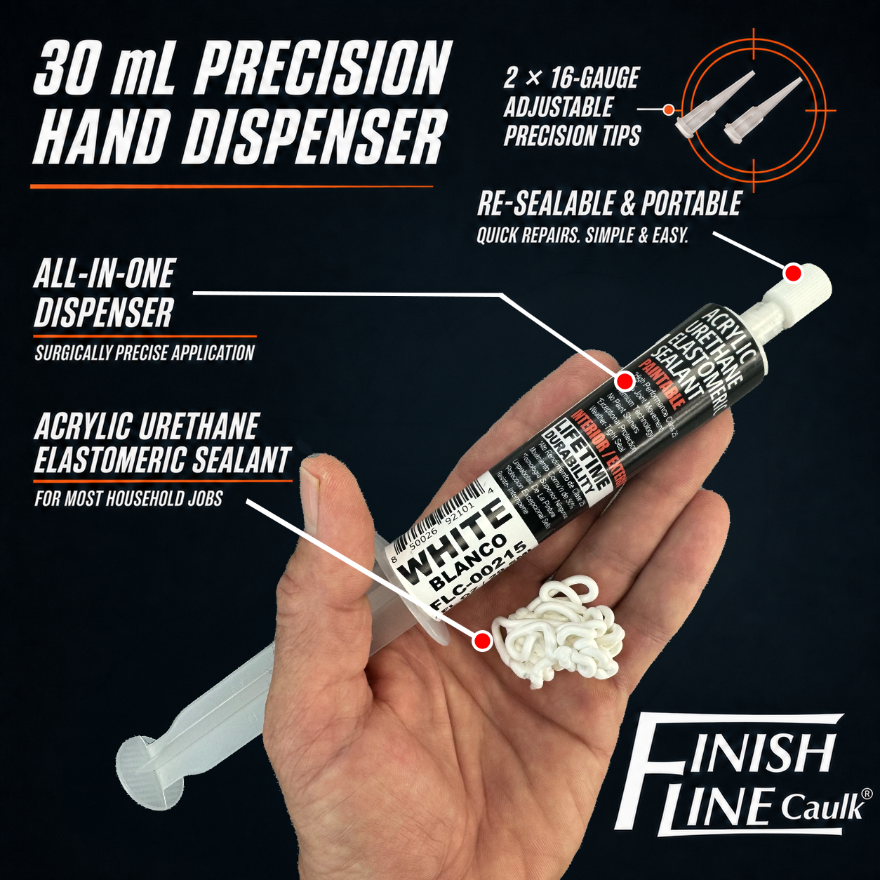 Finish Line Caulk® 30 mL Pre-Filled Precision Caulking Applicator – Single Tube