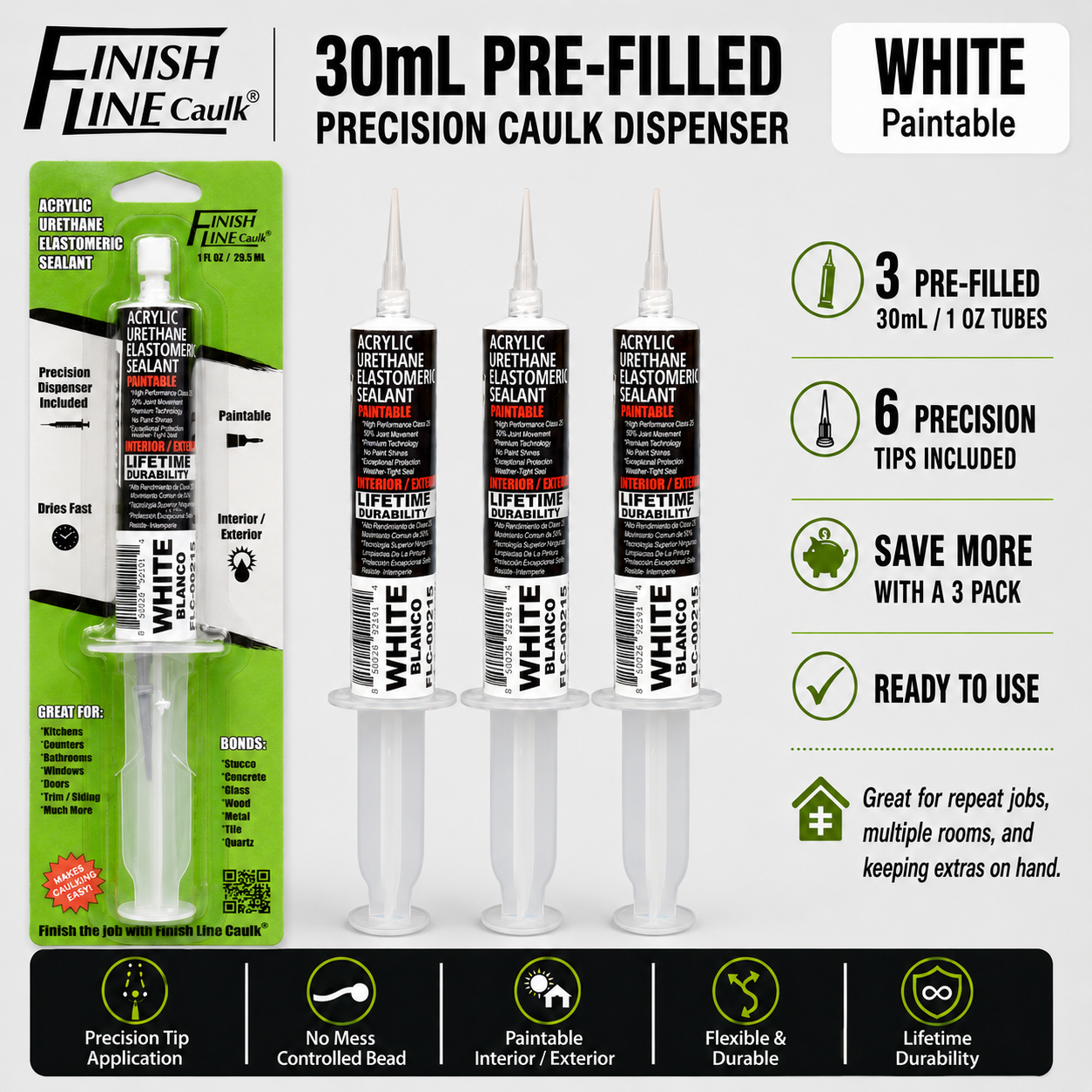 Finish Line Caulk® 30 mL Pre-Filled Precision Caulking Applicators – 3 Pack