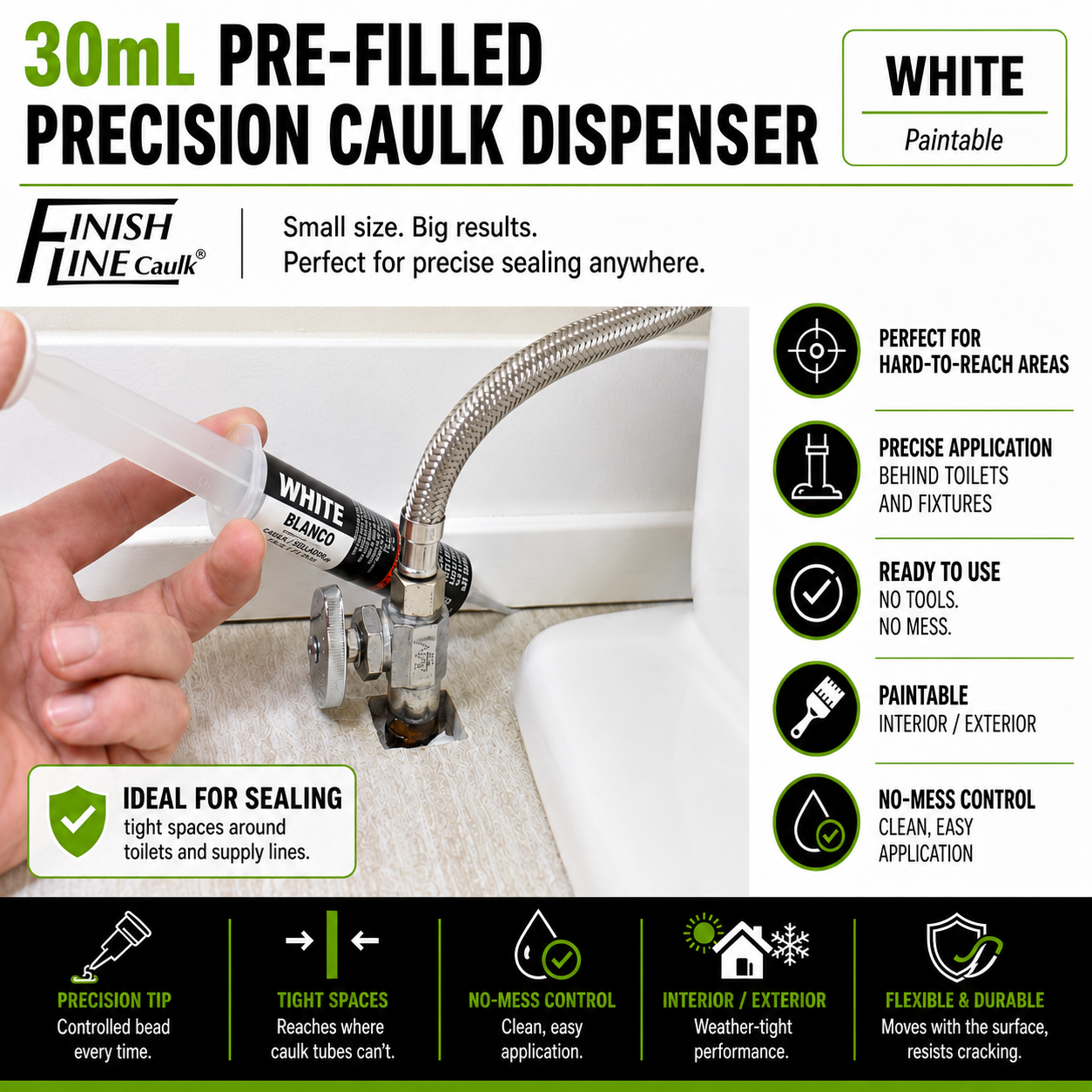 Finish Line Caulk® 30 mL Pre-Filled Precision Caulking Applicator – Single Tube