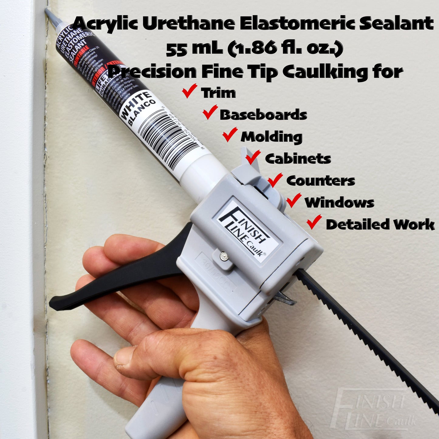Finish Line Caulk – Precision Hand Dispenser Kit with Acrylic Urethane Sealant (55 mL Tubes)