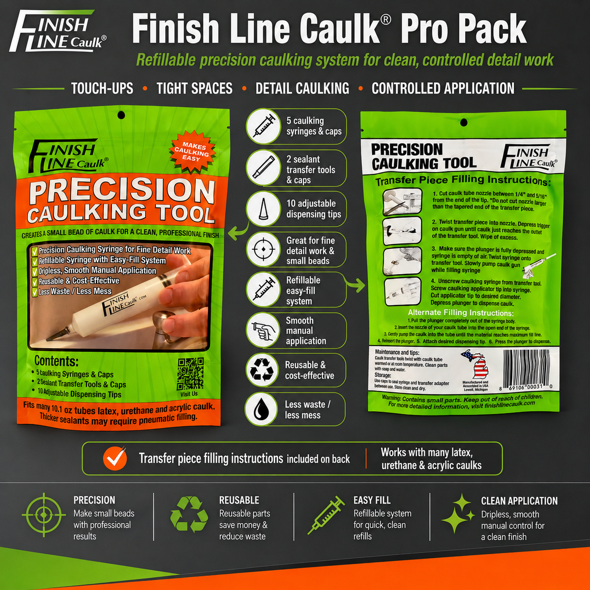 Finish Line Caulk® 30 mL Fill-Your-Own Precision Caulking Kit – Pro Pack | 5 Refillable Applicators
