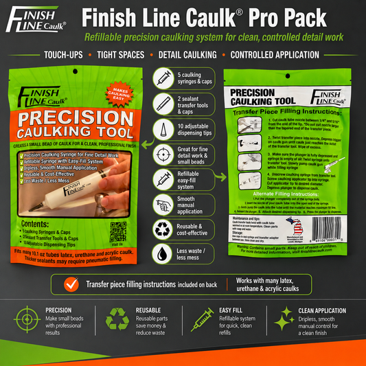Finish Line Caulk® 30 mL Fill-Your-Own Precision Caulking Kit – Pro Pack | 5 Refillable Applicators