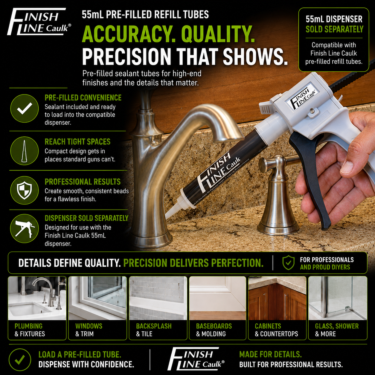 Finish Line Caulk® 55 mL Pre-Filled Precision Caulk Refills – 2 Pack